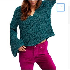 Free People Teal Cropped Vneck Sweater SZ XS